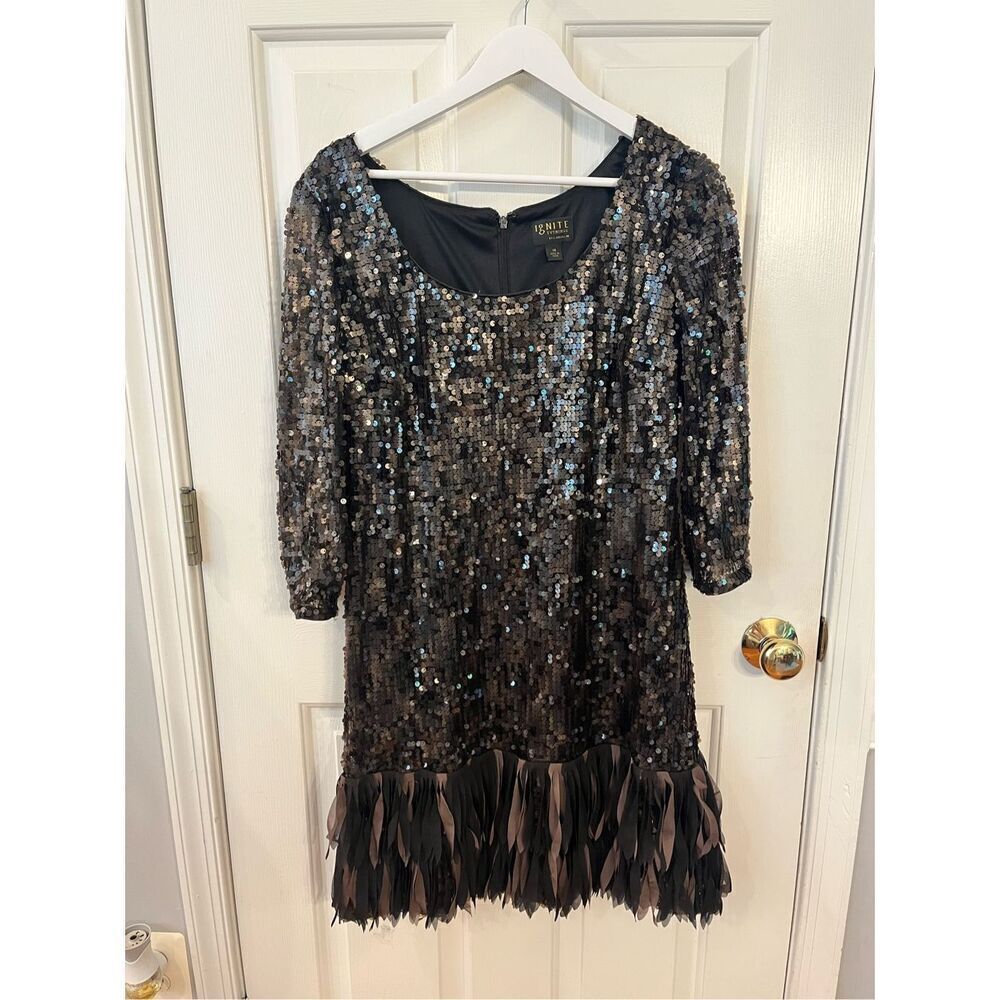 Ignite Evenings by Carroll In Black & Brown Sequin & Fringe Hem Party Cocktail D